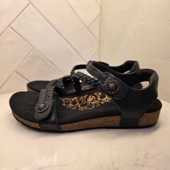 Aetrex Jillian Black Braided Leather Comfort Sandals Women’s 9 Orthotic - Picture 3 of 6